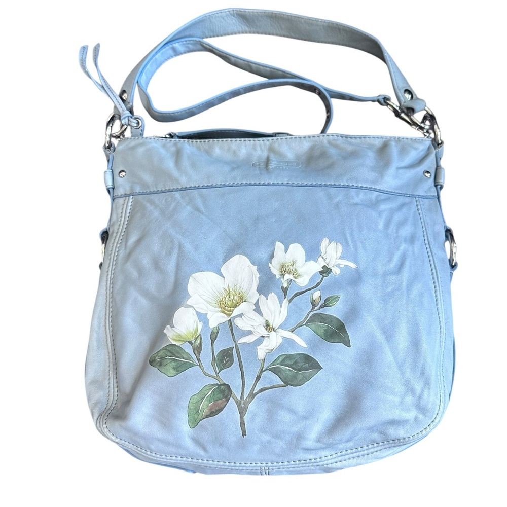 Coach Sky Blue Shoulder Bag with Floral Design in butter soft leather
